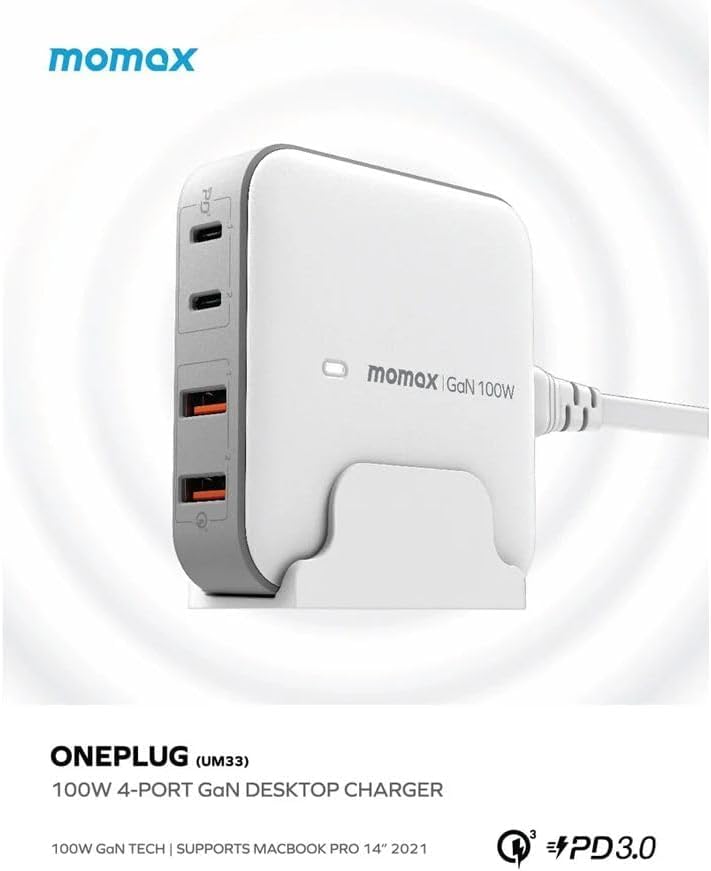 Momax One Plug 100 Watts 4-Port GaN Desktop Charger, White Momax One Plug 100 Watts 4-Port GaN Desktop Charger, White